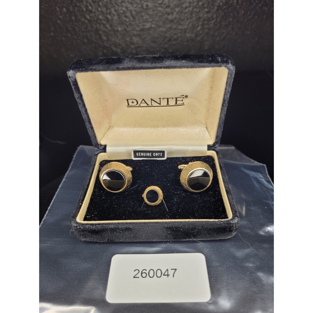Dante Cufflinks Tie Tack Set Gold Tone Black Genuine Onyx Round Textured Boxed